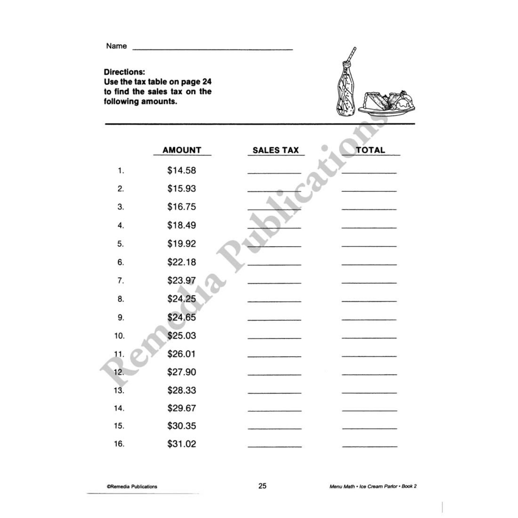 Menu Math: Old-Fashioned Ice Cream Parlor (x, ÷)