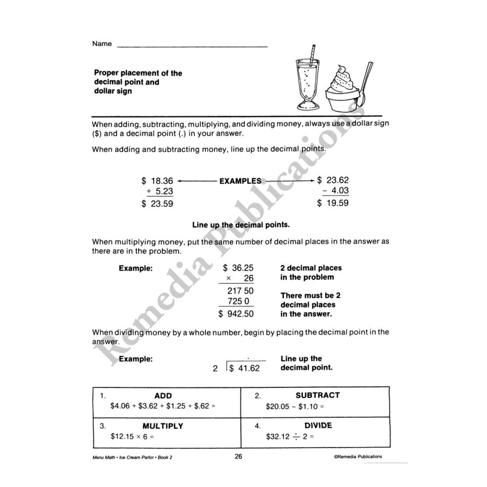 Menu Math: Old-Fashioned Ice Cream Parlor (x, ÷)