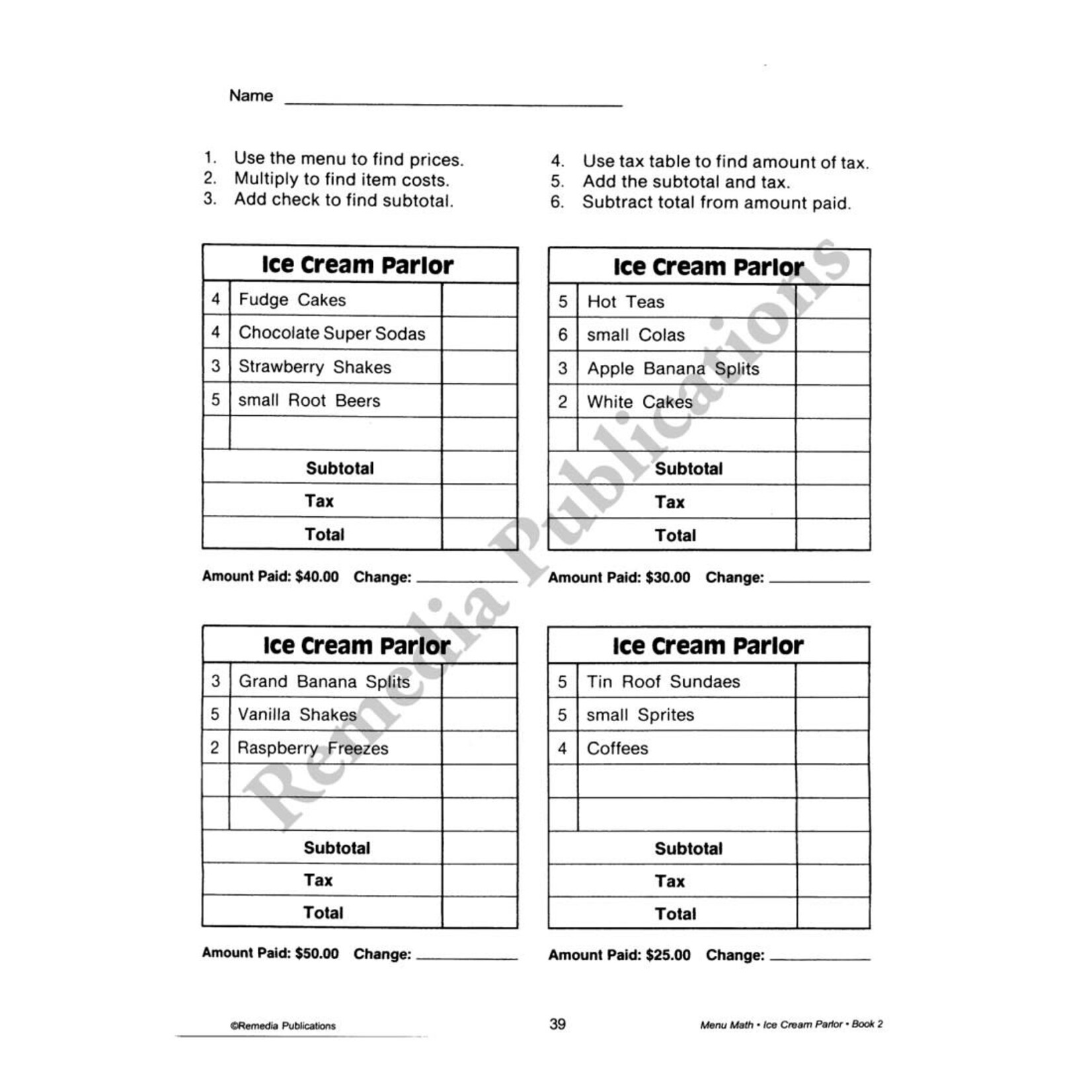 Menu Math: Old-Fashioned Ice Cream Parlor (x, ÷)