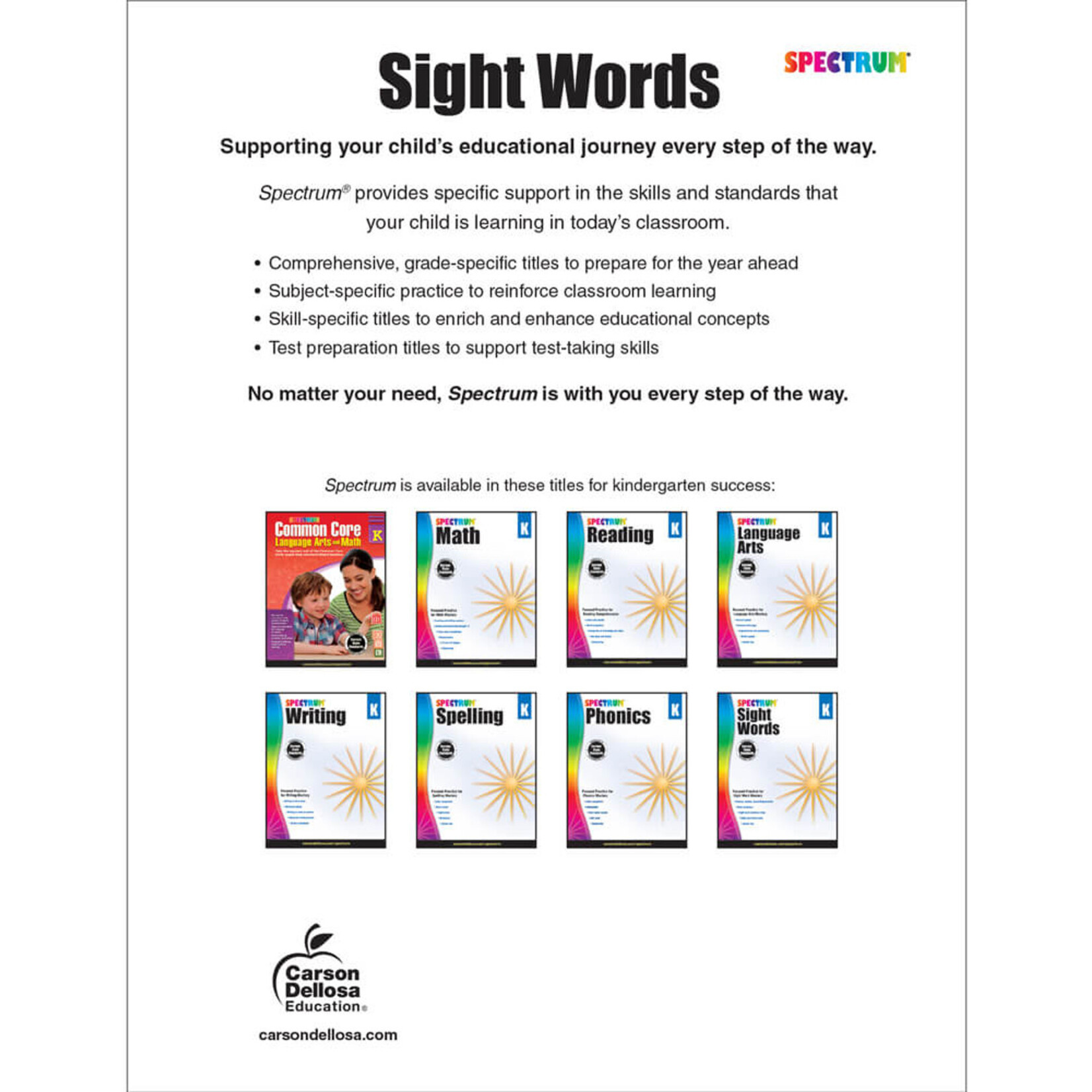 CARSON DELLOSA PUBLISHING CO Spectrum Sight Words Workbook Grade K