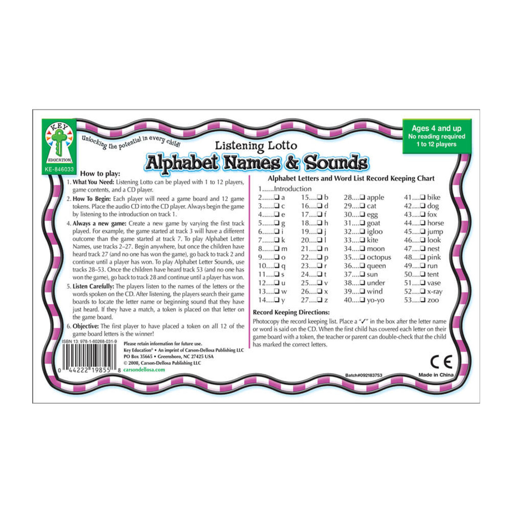 CARSON DELLOSA PUBLISHING CO Alphabet Names & Sounds Board Game Grade PK-1