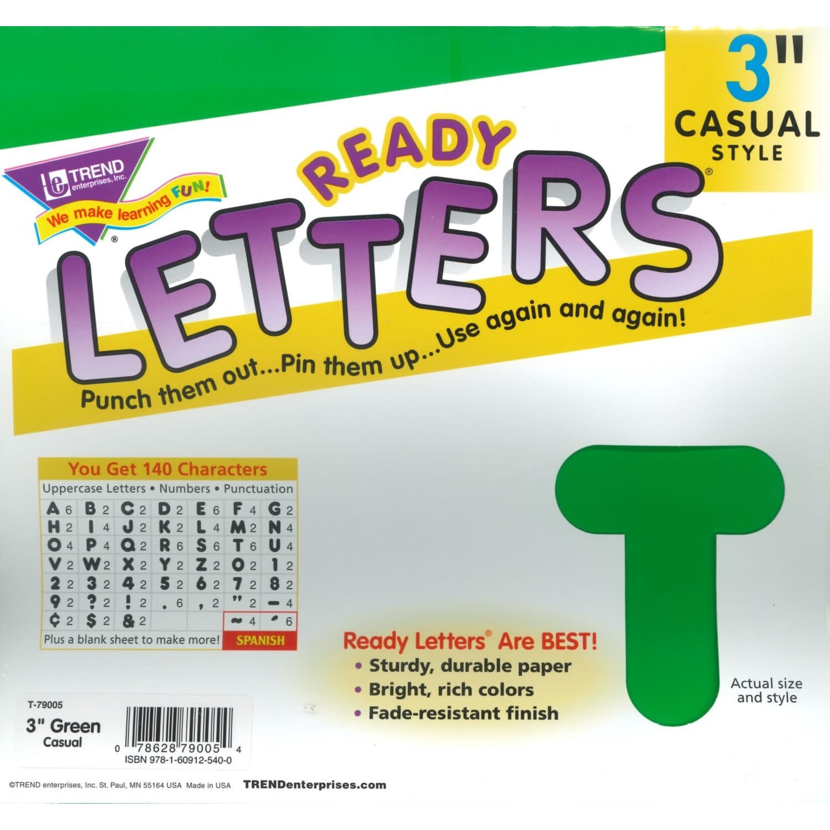 TREND ENTERPRISES INC 3" Casual Green Uppercase (English/Spanish) Ready Letters