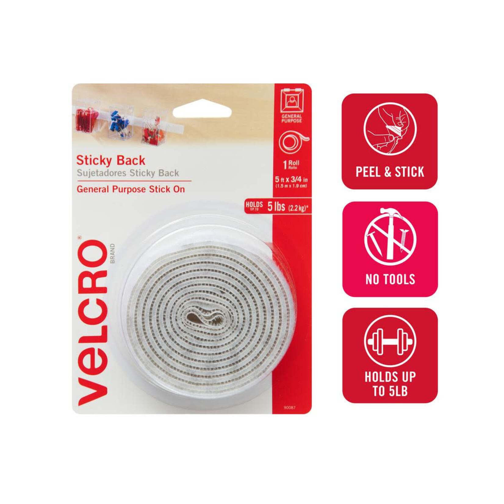 Velcro Sticky-Back Hook and Loop Fastener Tape with Dispenser 3/4 x 5 ft. Roll White