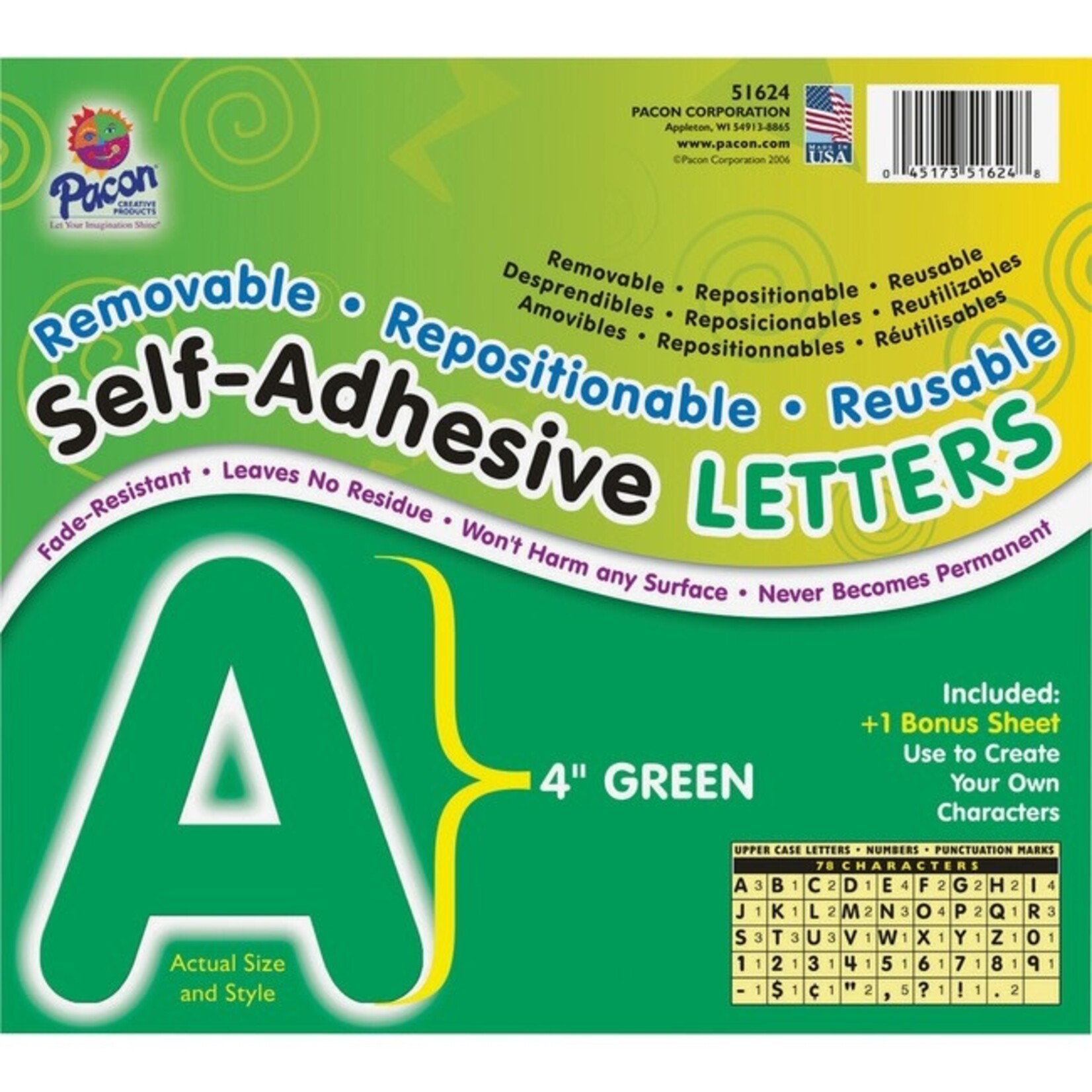 DIXON TICONDEROGA COMPANY Pacon Self-Adhesive Letters, Green, Puffy Font, 4"