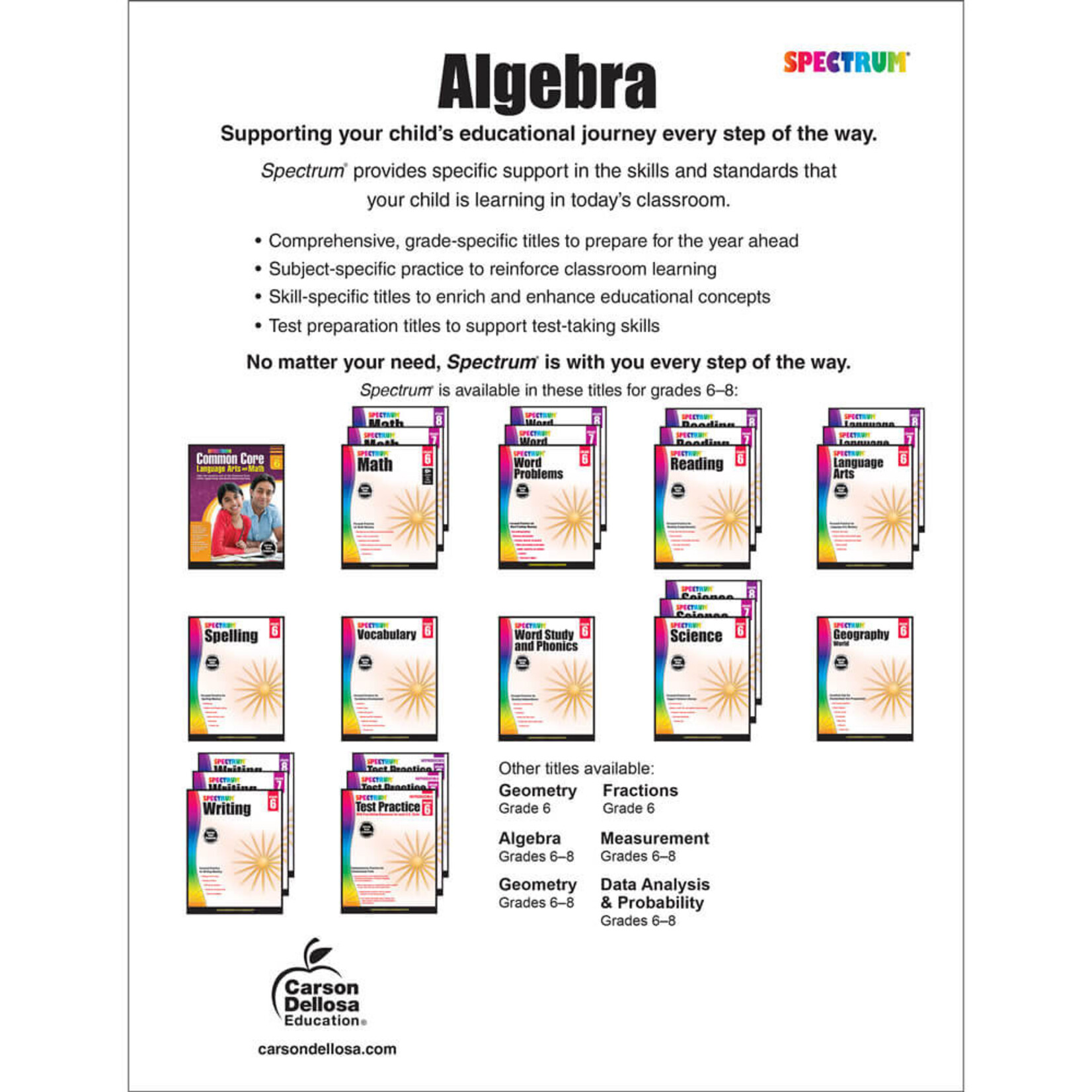CARSON DELLOSA PUBLISHING CO Spectrum Algebra Workbook Grade 6-8