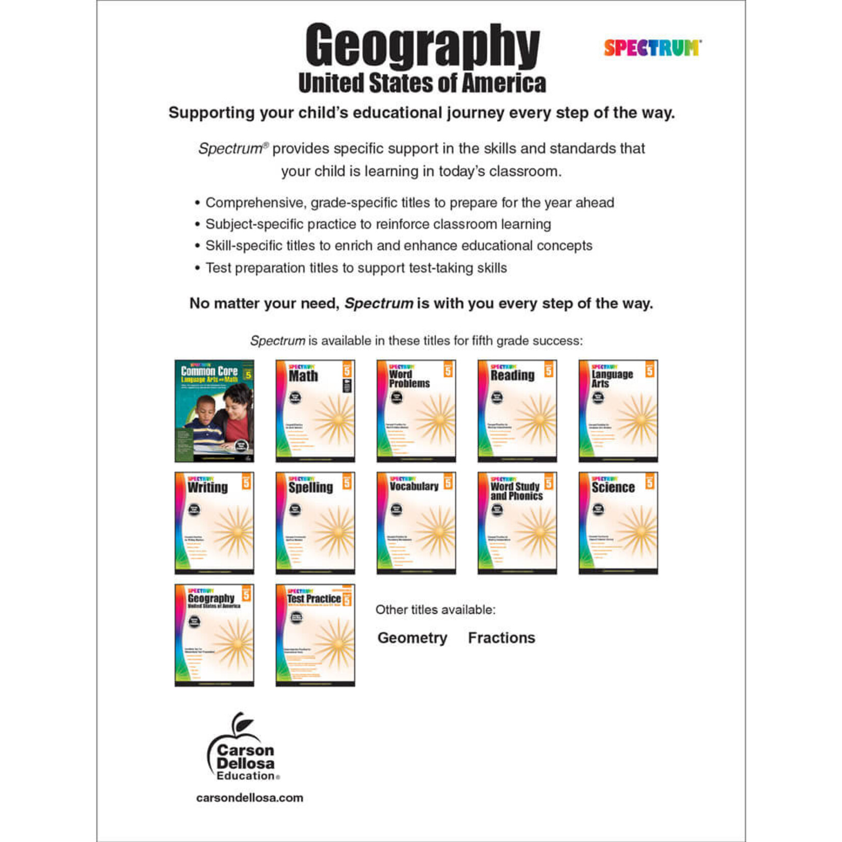 CARSON DELLOSA PUBLISHING CO Spectrum Geography Workbook Grade 5