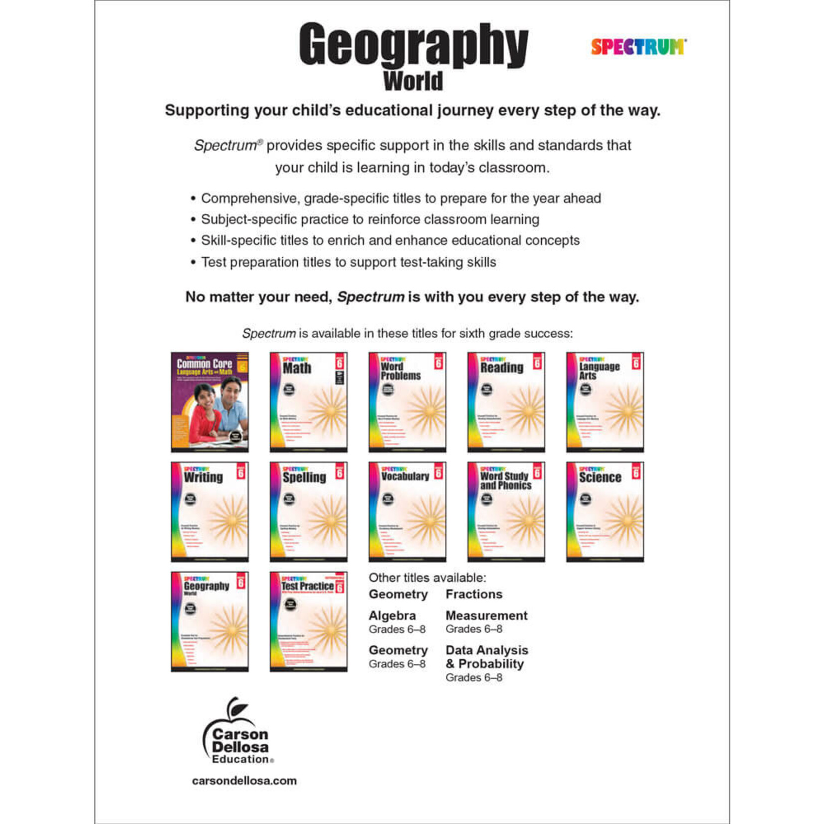 CARSON DELLOSA PUBLISHING CO Spectrum Geography Workbook Grade 6
