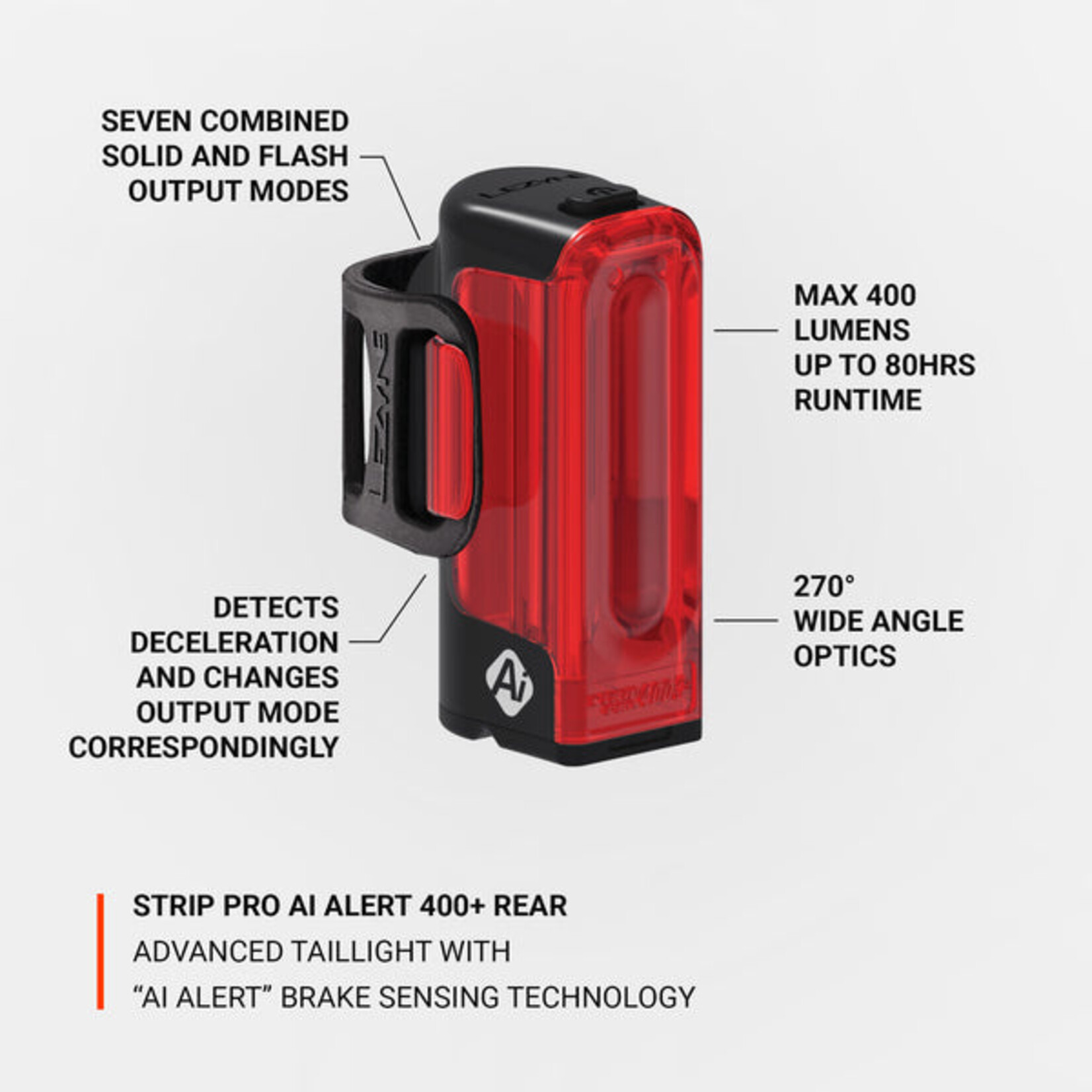 LEZYNE Lezyne Strip Pro Ai Alert 400+ Rear light, 400 Lumens