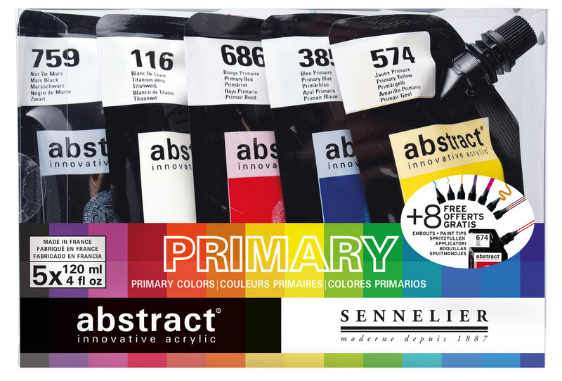 Sennelier Abstract Acrylic Sets, 5-Color 120ml Primary Colors Set with 8-Piece Assorted Tip Set