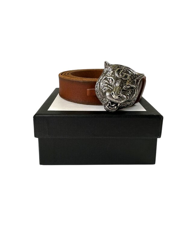 Gucci Calfskin Brass Feline Buckle Belt