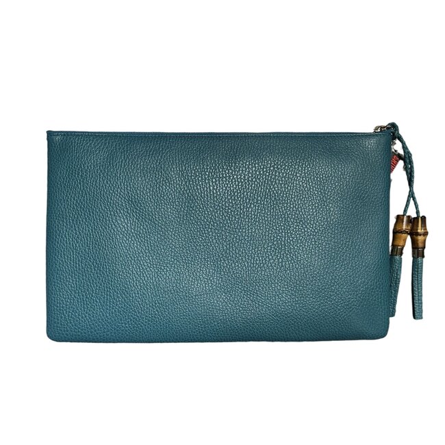 Gucci Blue Bamboo Calfskin Tassel Clutch Bag