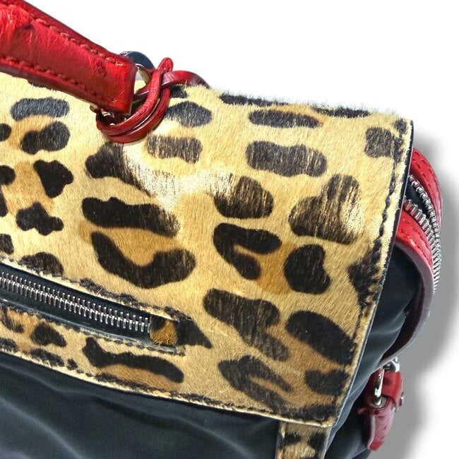 Prada 2015 Prada Leopard Ostrich Trim Nylon Handbag