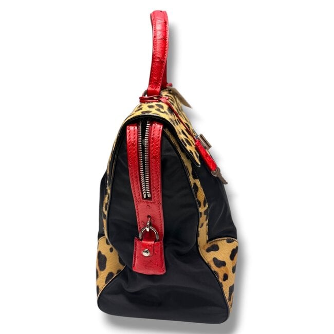 Prada 2015 Prada Leopard Ostrich Trim Nylon Handbag