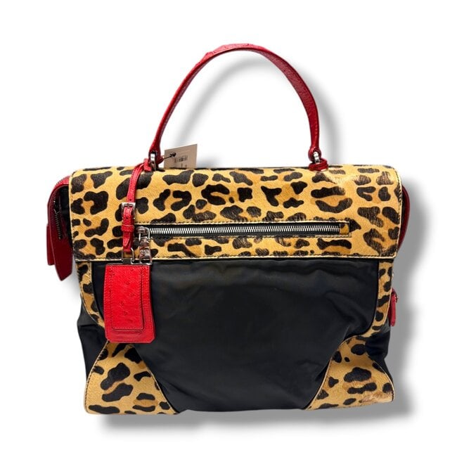 Prada 2015 Prada Leopard Ostrich Trim Nylon Handbag