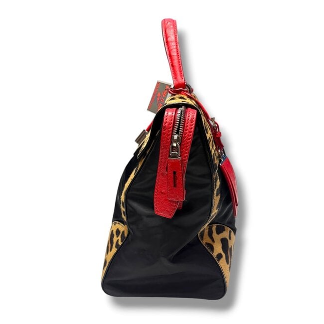Prada 2015 Prada Leopard Ostrich Trim Nylon Handbag