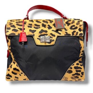 Prada 2015 Prada Leopard Ostrich Trim Nylon Handbag