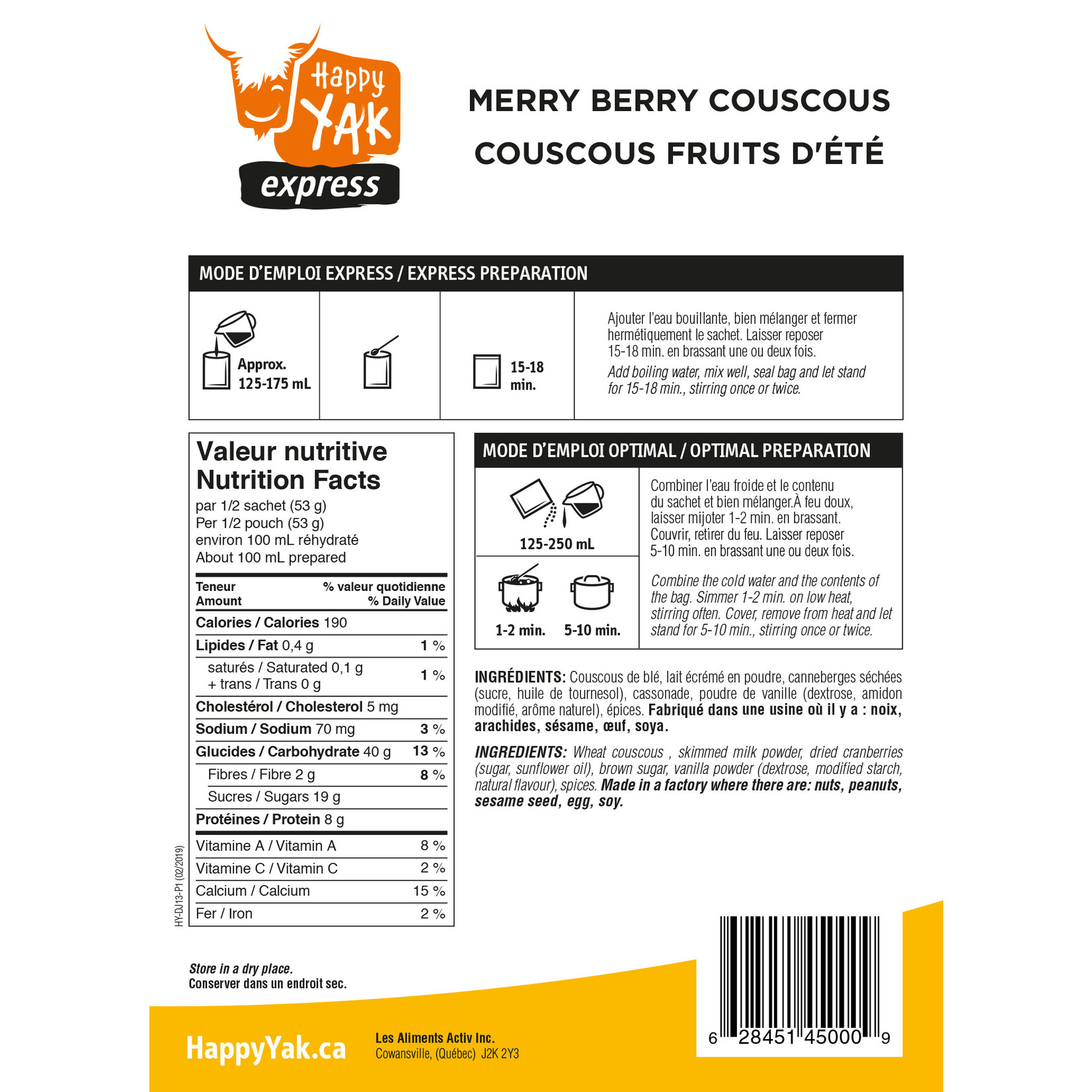 HAPPY YAK COUSCOUS AUX FRUITS D'ÉTÉ HAPPY YAK
