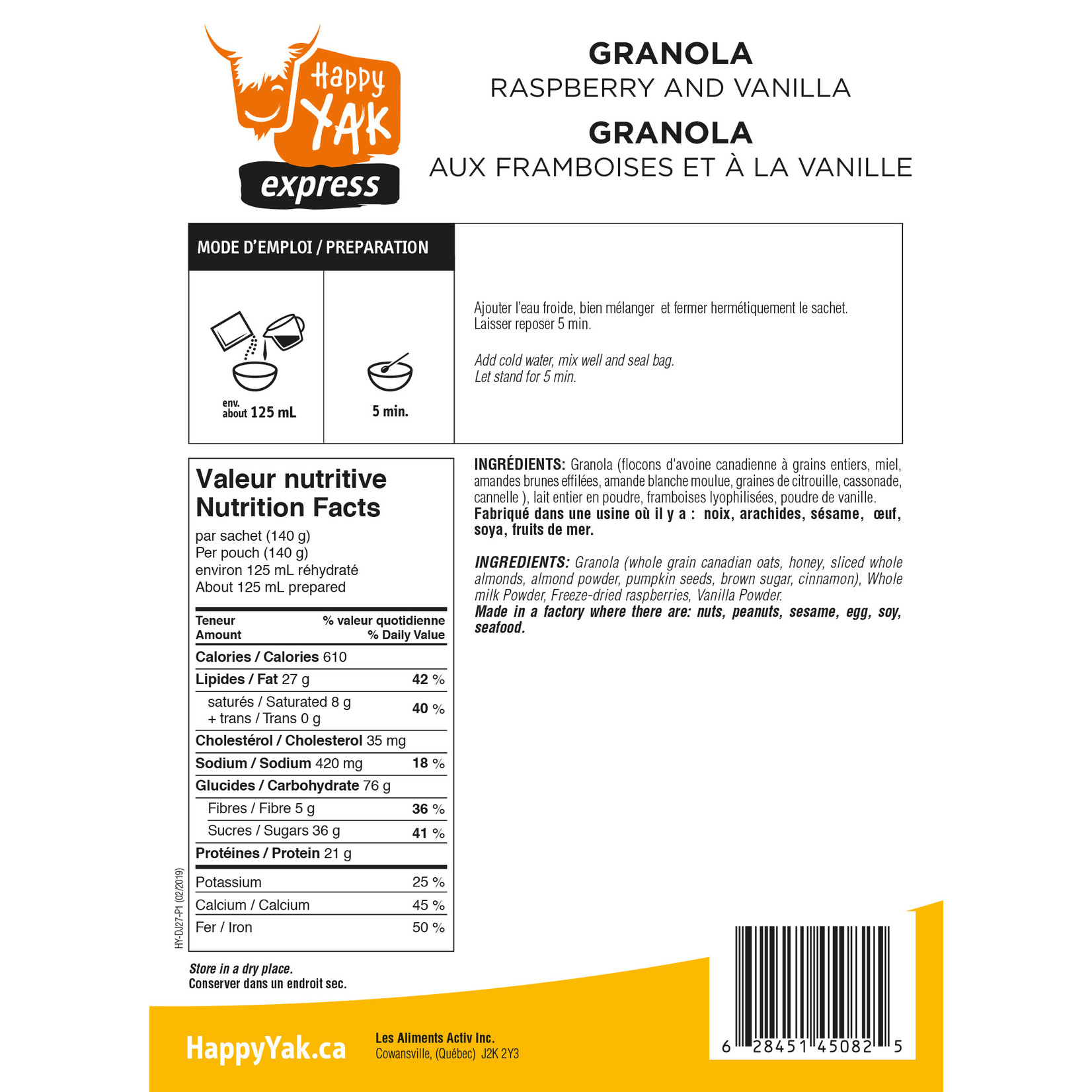 HAPPY YAK GRANOLA AUX FRAMBOISES ET VANILLE HAPPY YAK