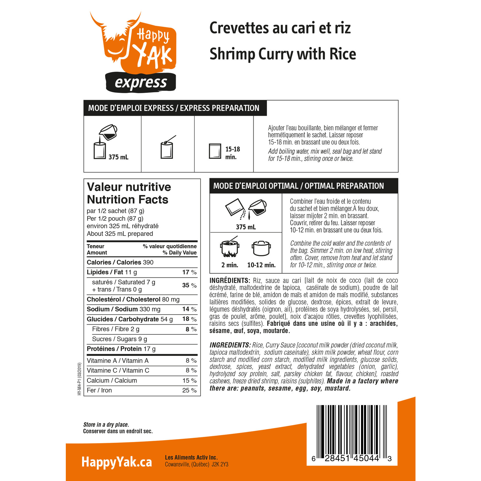 HAPPY YAK CREVETTES AU CARI ET RIZ HAPPY YAK