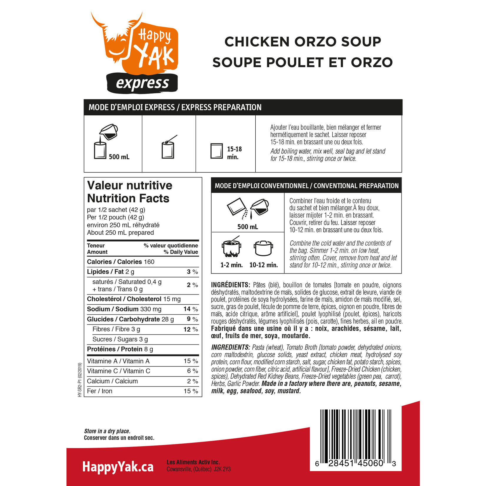 HAPPY YAK SOUPE POULET ET ORZO HAPPY YAK