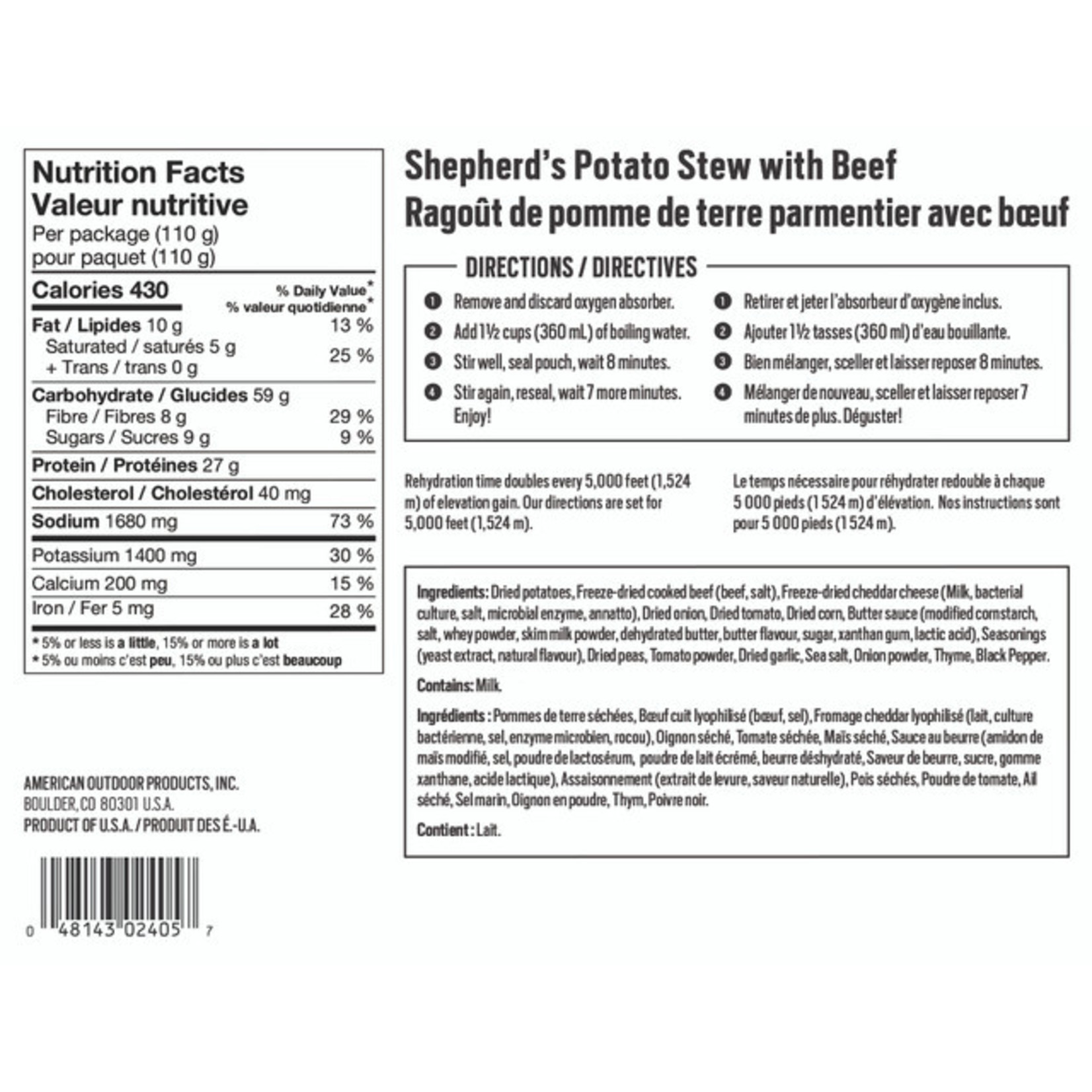 BACKPACKERS PANTRY RAGOÛT DE POMME DE TERRE PARMENTIER AVEC BOEUF - 1 PORTION - BACKPACKERS PANTRY