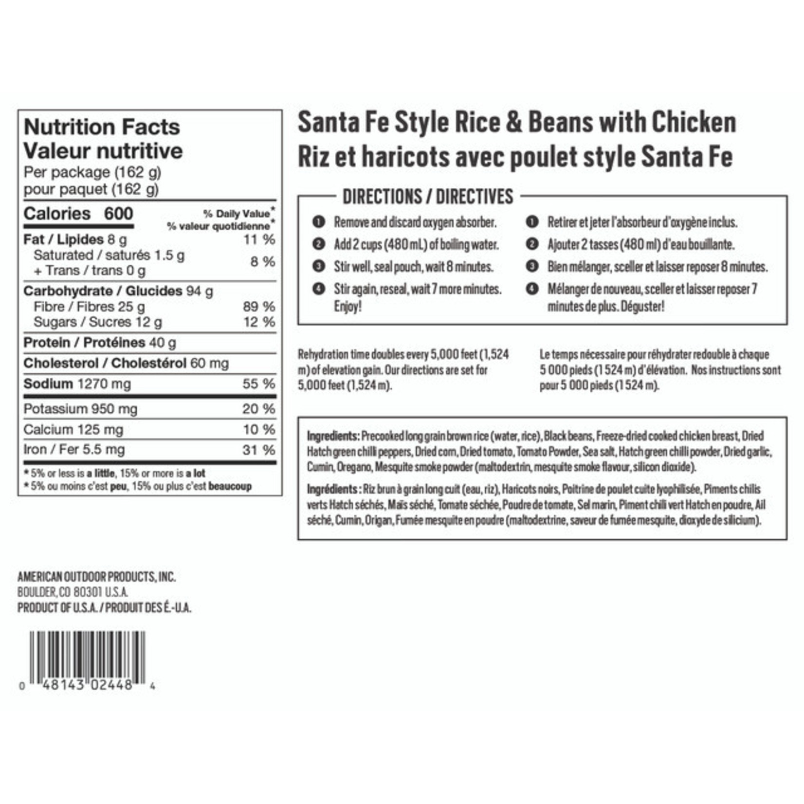 BACKPACKERS PANTRY RIZ ET HARICOTS AVEC POULET STYLE SANTA FE - 1 PORTION - BACKPACKERS PANTRY