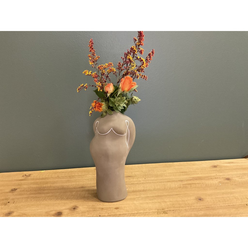 Olive Vase with White Paint Woman Figure