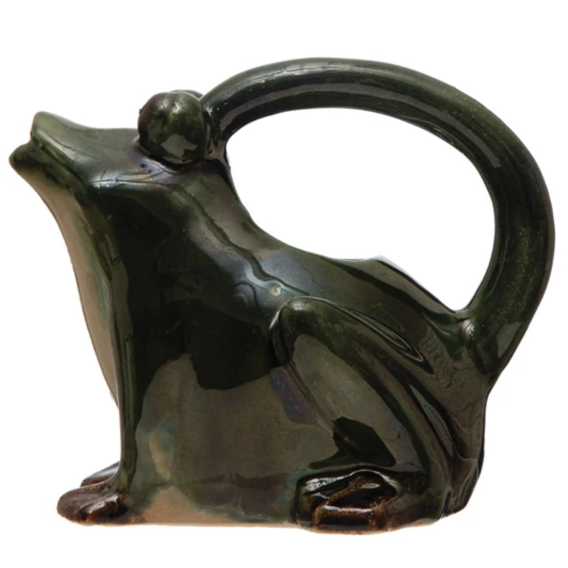 The Plant Shoppe Stoneware Frog Watering Pitcher, Reactive Glaze, Green, White & Brown 32 oz