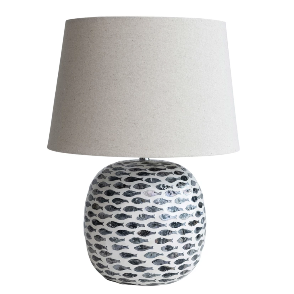 The Plant Shoppe Capiz & Bamboo Table Lamp w/ Fish Pattern & Linen Shade, Blue & White The