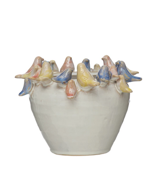 The Plant Shoppe Stoneware Planter with Birds on Rim, Reactive Glaze
