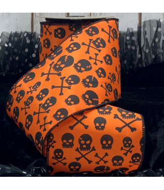 d.stevens Satin Black Skull Bones, Orange 4" x 10yds
