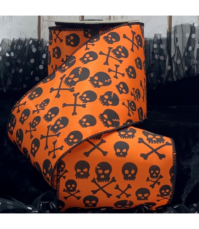 d.stevens Satin Black Skull Bones, Orange 4" x 10yds