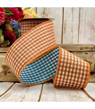d.stevens Poplin Gingham, Orange Teal Blue 2.5" x 10yds