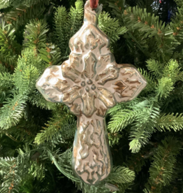 Glass Sculpted Cross Ornament 6", Teal-Gold