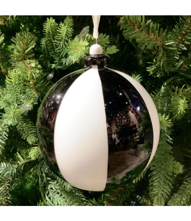 Hand-Blown Vertical Stripe Bauble Porcelain Cap 100mm, Black-White