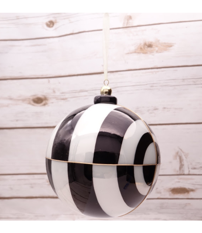 Hand-Blown Bauble Porcelain Optical Circles Ornament, Black White