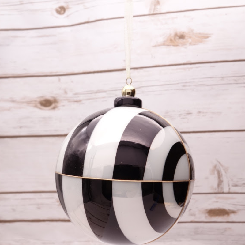 Hand-Blown Bauble Porcelain Optical Circles Ornament, Black White