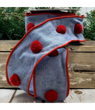 d.stevens Chambray Red Pom Pom, Blue 2.5" x 5yds