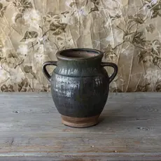 Aged Olive Dripped Glazed Pottery Jardinere Smal
