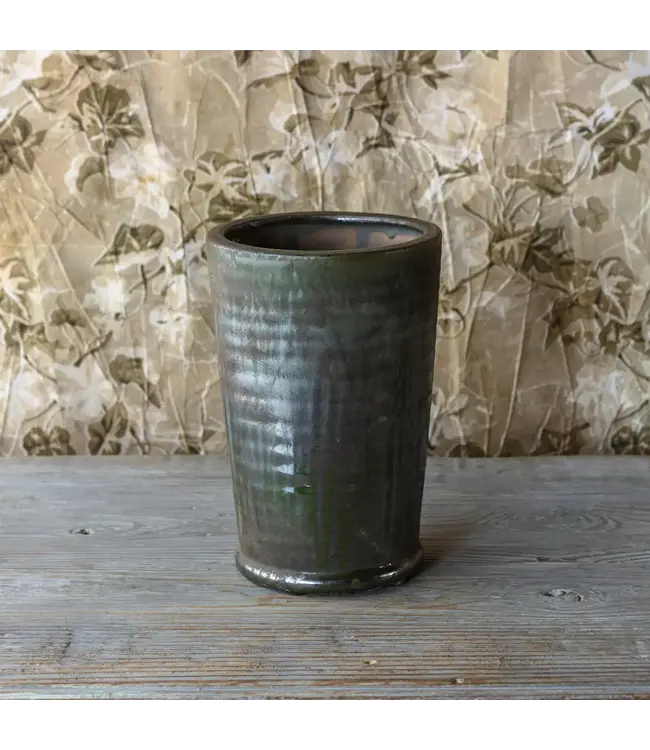 Aged Olive Dripped Glaze Pottery Large