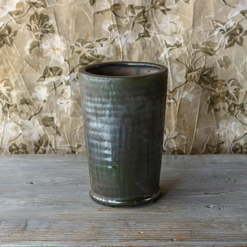 Aged Olive Dripped Glaze Pottery Large