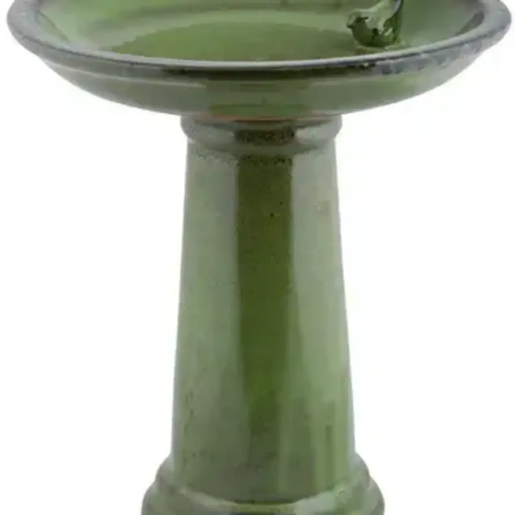 Bird Bath on Pedestal w/Bird, Ceramic, Green