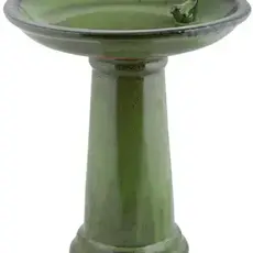 Bird Bath on Pedestal w/Bird, Ceramic, Green