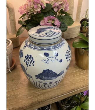 Porcelain melon jar, blue and white fish design, 9"H x 9"W
