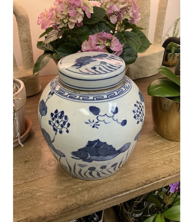 Porcelain melon jar, blue and white fish design, 9"H x 9"W