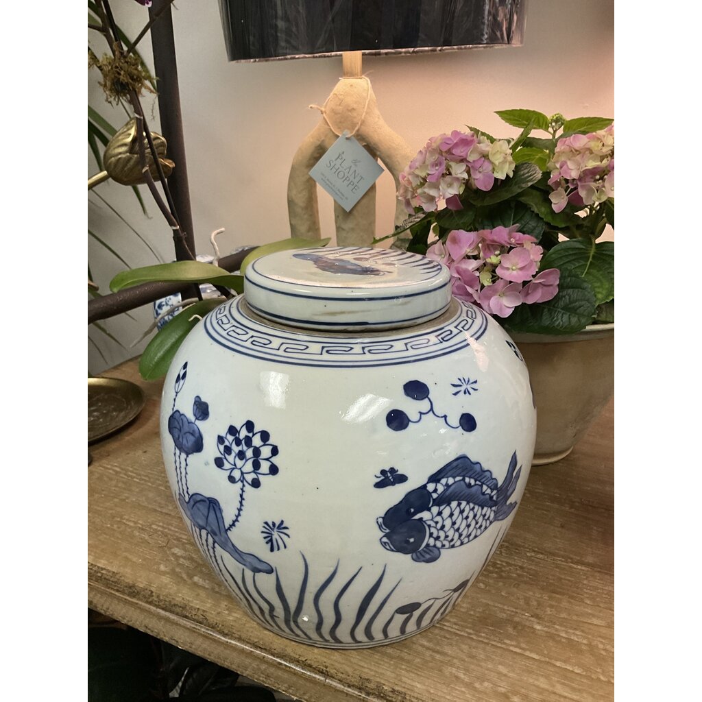 Large porcelain melon jar, blue and white fish design, 12"H x 11"W