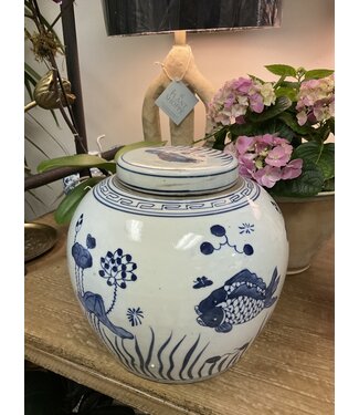 Large porcelain melon jar, blue and white fish design, 12"H x 11"W