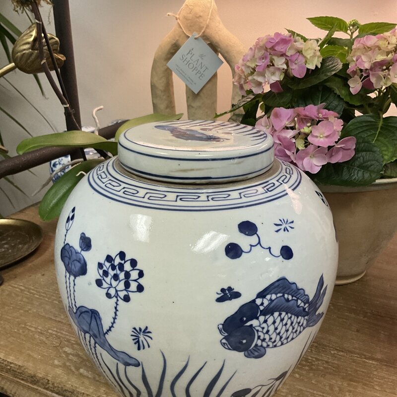 Large porcelain melon jar, blue and white fish design, 12"H x 11"W