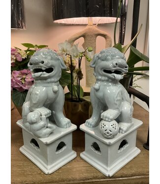Fine porcelain foo dog pair, crackle lt blue gray
