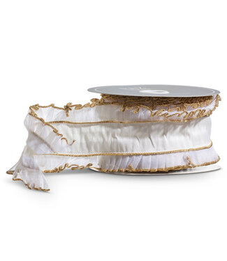 Sheer Ivory Ribbon w/Ruffles and Gold Trim 4"x10 Yds